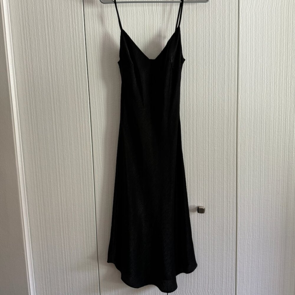 Audrey 3 +1 Black Satin Midi Slip Dress w/ Adjustable Straps | Size Small